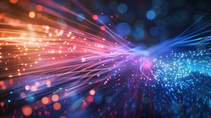 Poster - A close-up shot of fiber optic cables glowing with vibrant red, pink, and blue light against a dark background