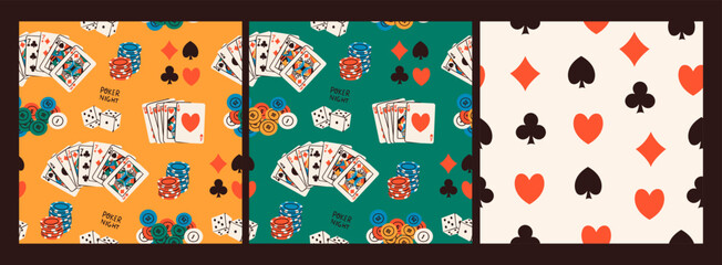 Poker night set. Playing cards, casino chips, token, dice, card suits. Hand drawn Vector illustration. Tournament, game, casino, poker, gambling, fun concept. Set of three square seamless Patterns