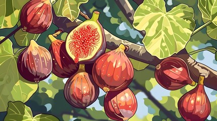 luscious figs clinging to verdant tree branch in close-up nature