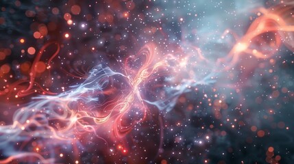 Poster - A mesmerizing abstract image depicting the concept of quantum entanglement. Swirling strands of light and energy interact in a dynamic dance, reminiscent of a celestial ballet