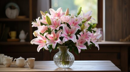 Wall Mural - vase pink white flowers top