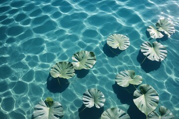 Poster - Beautiful view of large tropical leaves floating in turquoise water sunlight ripples on surface