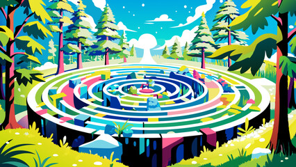 Wall Mural - Vibrant Circular Maze in Idyllic Forest Landscape for Mindful Exploration