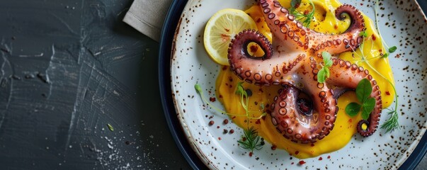 Wall Mural - A plate of octopus with a yellow sauce and some herbs on top. Free copy space for text.