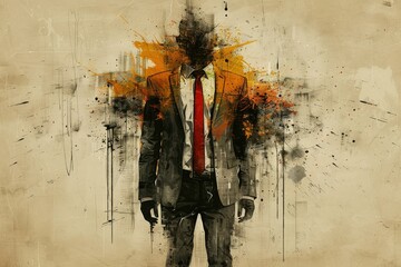 Sticker - Abstract illustration of a businessman in a suit with splattered paint and abstract design elements