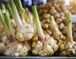 Poster - Fresh galangal for sale, highlighting its texture and freshness in a local market