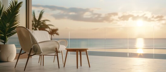 Wall Mural - A white beach chair and a white table are on a balcony overlooking the ocean by AI generated image