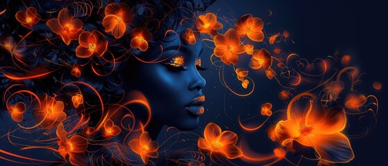 Beauty black skin woman face portrait with blue lighting and orange tropical flowers on dark blue background