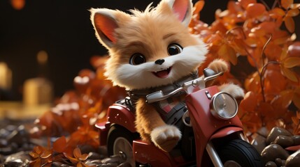 Cute cartoon fox riding red scooter in autumn leaves. Adorable furry animal character for animation, kids product, or greeting card design.