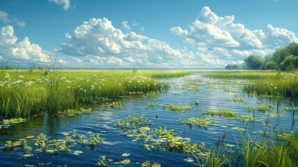 A realistic photo of a serene wetland, home to various plant and animal species, highlighting the need for wetland preservation and habitat protection. , Minimalism,