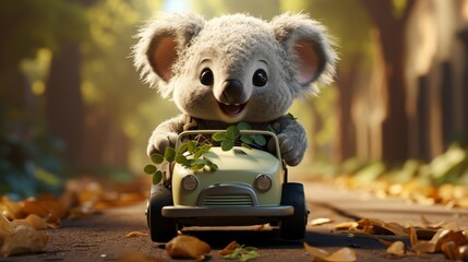 Cute Koala Driving Toy Car. Adorable Illustration of Australian Wildlife