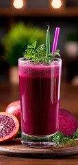 Wall Mural - Glass of purple beet juice with a sprig of greenery.