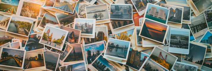 a lot of photos with images of famous places in different cities on the table, top view, free space,