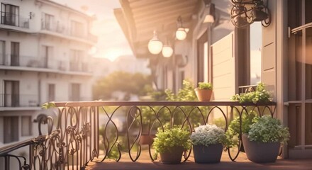 Sticker - Balcony with mini garden animation background Cartoon or anime watercolor digital painting illustration style seamless looping video animation background 4k animation