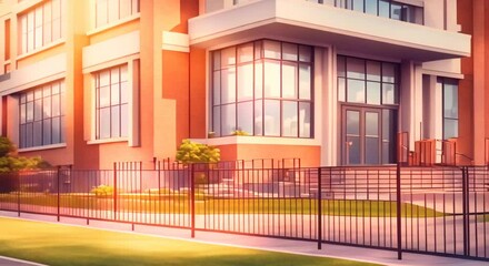 Sticker - Beautiful school building view bakcground Cartoon or anime watercolor digital painting illustration style seamless looping video animation background 4k animation