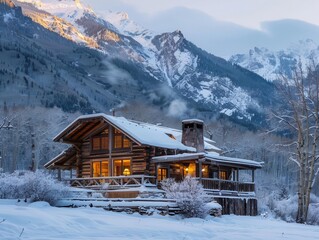 Wall Mural - cozy mountain retreat nestled in majestic peaks snowcapped summits frame rustic wooden cabin warm glow from windows contrasts with crisp cool outdoor scenery conveying comfort and solitude