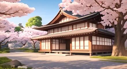 Wall Mural - Japanese traditional house in the garden with cherry blossoms background Cartoon or anime watercolor digital painting illustration style seamless looping video animation background 4k animation