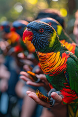 Wall Mural - Macro image of visitors feeding colorful lorikeets, with the birds perched on their arms and shoulders,