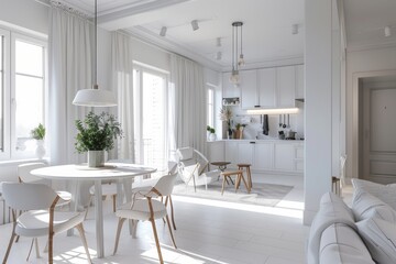 Wall Mural - modern white kitchen with dining room and dining area