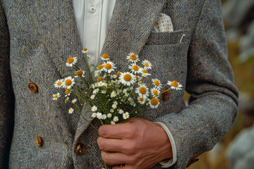 Wall Mural - Macro image of a manâ€™s hand straightening his jacket, with a small bouquet of daisies visible in the other hand,