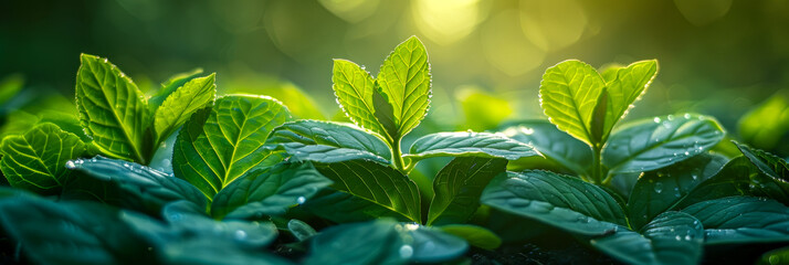 Poster - Fresh Green Leaves with Dewdrops in Early Morning Sunlight