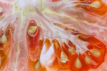 Wall Mural - Close Up of Juicy Tomato Slice with Seeds and Details