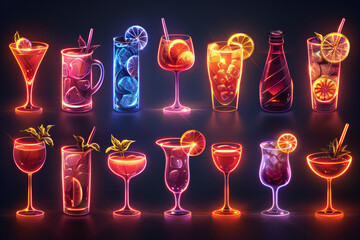 Simple vector graphic of a neon cocktails icons set on a black background.