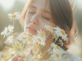 Wall Mural - Woman holding beautiful white lilies, closeup. Beautiful woman with wild daisies flower bouquet, gentle sunlight