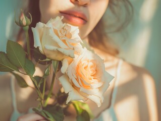 Wall Mural - Woman holding beautiful white lilies, closeup. Beautiful woman with roses flower bouquet, gentle sunlight