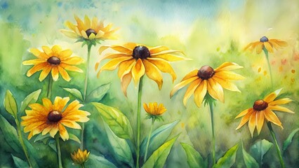 Vibrant yellow petals and dark centers of rudbeckia flowers shine brightly in the lush green meadow, capturing the serene beauty of a summer day.