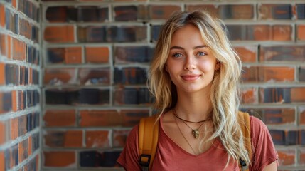 A poised woman, wearing a necklace, stands calmly against a weathered brick wall, her serene expression and simple attire reflecting a timeless sense of grace.