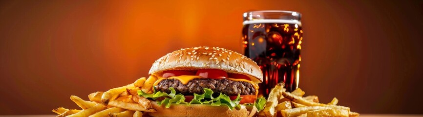 Wall Mural - A juicy cheeseburger with fries and cola on the side, set against an flame abstract background. with melted cheese between buns.