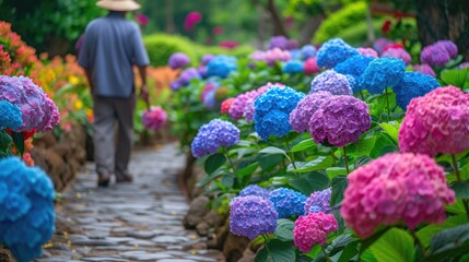 Dedicated horticulturist tending to vibrant hydrangeas