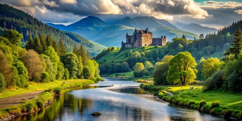 Serene castle amidst verdant forest and distant mountains beside river