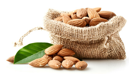 Wall Mural - Almonds with leaf in bag from sacking isolated on white background