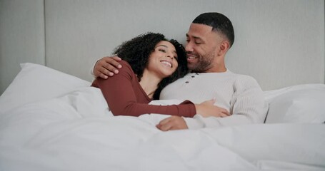 Poster - Happy couple, bedroom and bonding with hug, romance and embrace as married people in home. Woman, man and intimacy for love, together and cheerful with weekend, partner and relationship for support