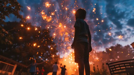 silhouettes of children watching a fireworks display at dusk, creating a magical and festive atmosph