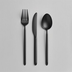 Wall Mural - Sleek black cutlery set on grey background exudes modern elegance, perfect for any dining setting. Enjoy luxurious dining with this simple silverware