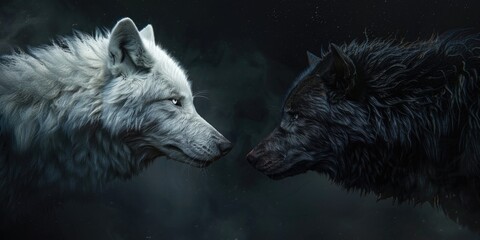 Canvas Print - Two wolves, one white and one black, standing face-to-face