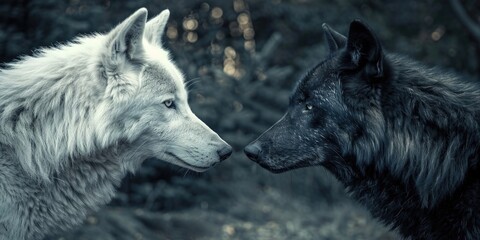 Poster - Two wolves stand facing each other in a natural setting