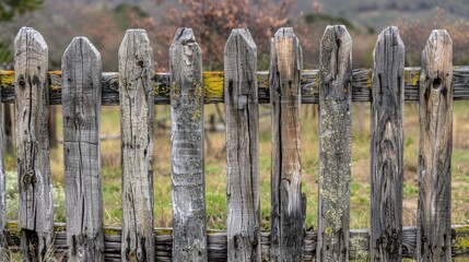 Poster - A close-up view of a wooden fence in a rural field, suitable for outdoor or rustic-themed designs