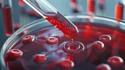 Poster - A close-up shot of a red liquid pouring into a glass container, suitable for use in illustrations about chemistry, medicine, or science