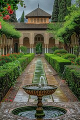 Poster - A serene scene of a fountain surrounded by lush greenery, with a historic building visible in the background
