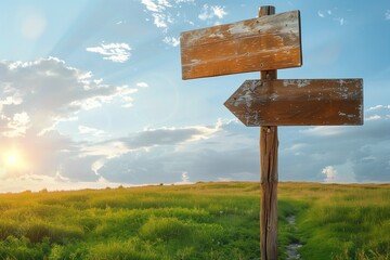 Wall Mural - Wooden blank sign over green grass field