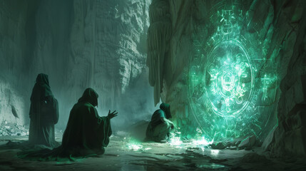 Wall Mural - Three people are sitting in a cave with a green glowing orb in the center