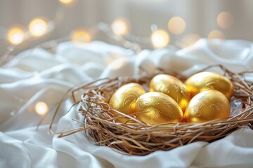 Wall Mural - A nest filled with golden eggs on top of a white cloth, ideal for financial or business-themed illustrations