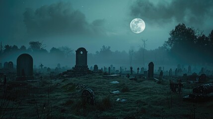 Poster - A cemetery at night with a full moon shining down, perfect for use in scenes about mourning, remembrance, or dark fantasy