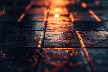 Poster - A wet sidewalk with a street light in the background, suitable for city or urban scenes