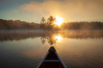 Wall Mural - canoe with sunrise through pine trees fog and a sunburst on a northern minnesota lake during summer