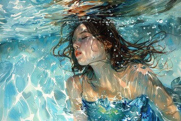 Aufkleber - A woman wearing a blue dress is depicted floating or swimming in the water